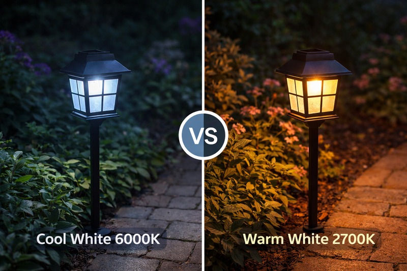 Comparison of a harsh blue 6000K solar light vs a warm 2700K solar light