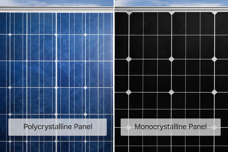 Comparison image of a blue poly panel vs a black mono panel