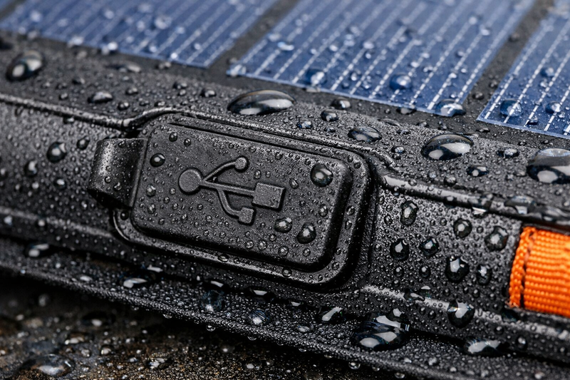 Close up of a rubber seal covering the USB port on a solar panel