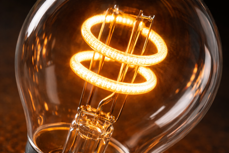 Close up of a flexible spiral LED filament glowing beautifully