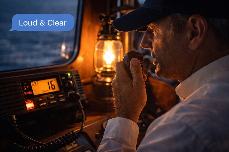 A captain using a VHF radio with clean signal next to a lit lamp
