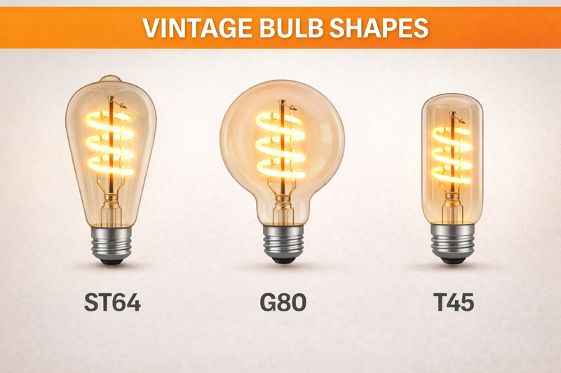 A diagram showing the three main vintage bulb shapes: ST64, G80, T45