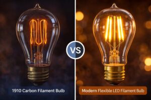 A side-by-side comparison of a 1910 carbon bulb and a modern flexible LED filament bulb
