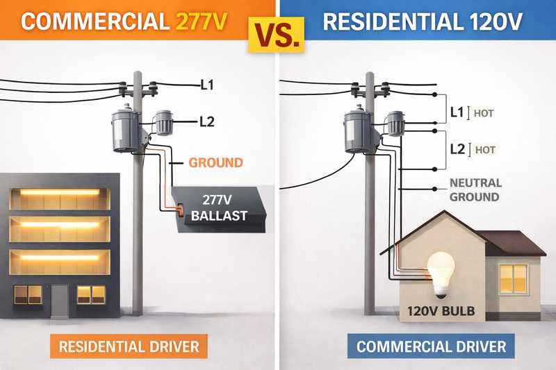 Diagram of a commercial 277V lighting grid vs residential 120V