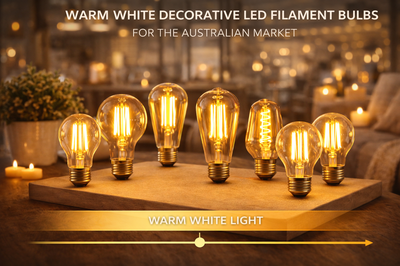 Decorative LED filament bulbs at warm white for the Australian residential and hospitality market