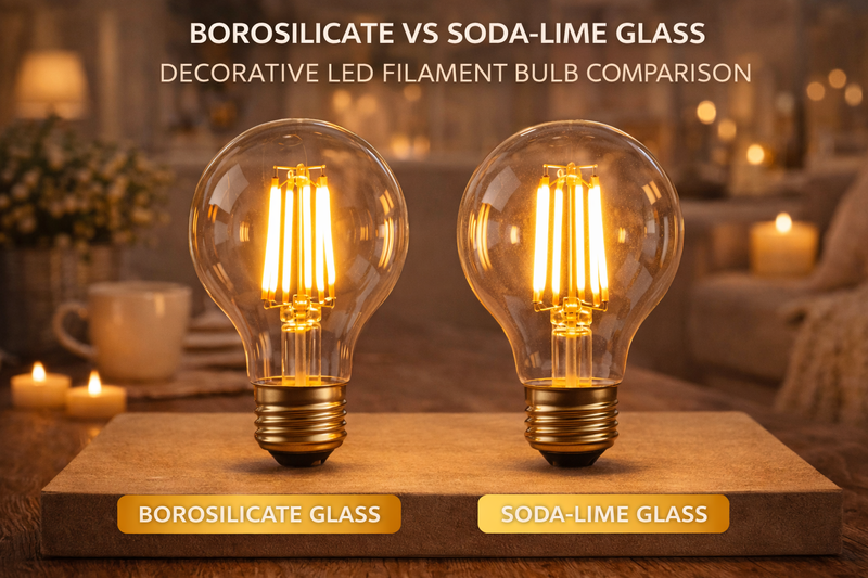 Side-by-side display of two decorative LED filament bulbs — one borosilicate, one soda-lime glass — showing visual clarity and finish differences under identical lighting conditions