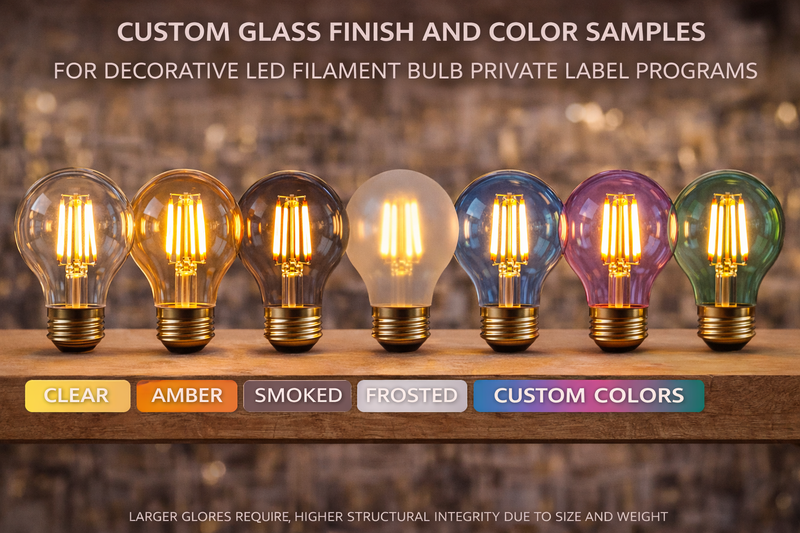 Custom glass finish and color samples for decorative LED filament bulb private label programs