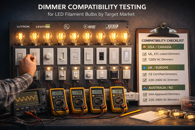 Dimmer compatibility testing for LED filament bulbs by target market