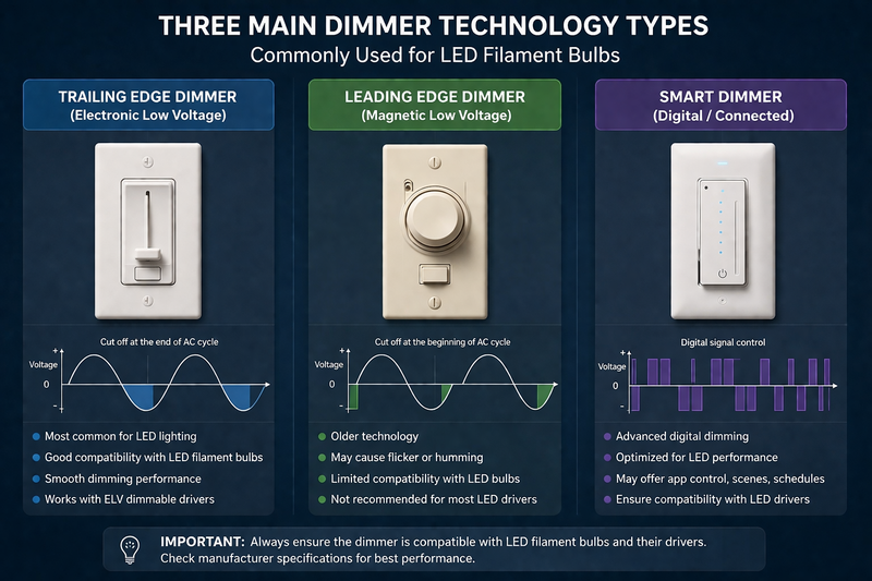 Three main dimmer technology types: trailing edge, leading edge, and smart dimmer