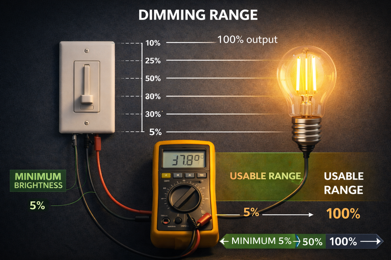 Dimming range test setup for LED filament bulbs showing percentage output at different dimmer positions, illustrating minimum brightness floor and usable range.