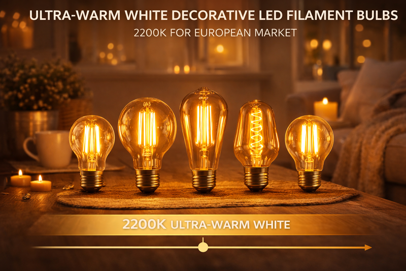 Decorative LED filament bulbs at 2200K ultra-warm white for the European residential market