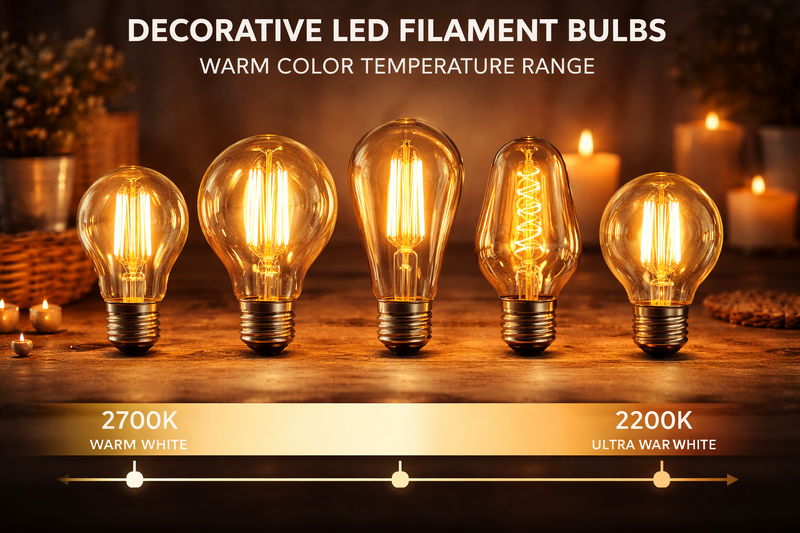 Several decorative LED filament bulbs illuminated in warm white and ultra-warm white color temperatures, illustrating the characteristic warm glow that defines the product category