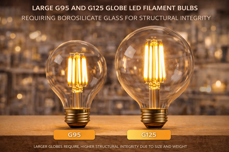 Large G95 and G125 globe LED filament bulbs requiring borosilicate glass for structural integrity