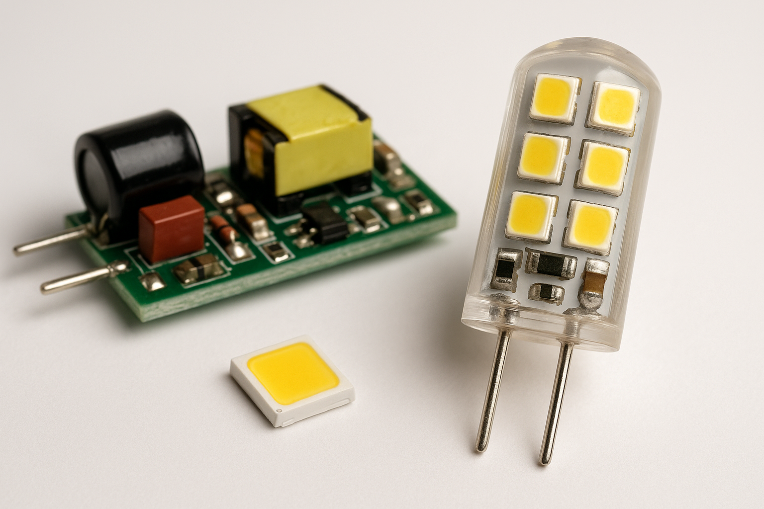 G4 LED lamp internal components including driver board and LED chip showing compact body constraints