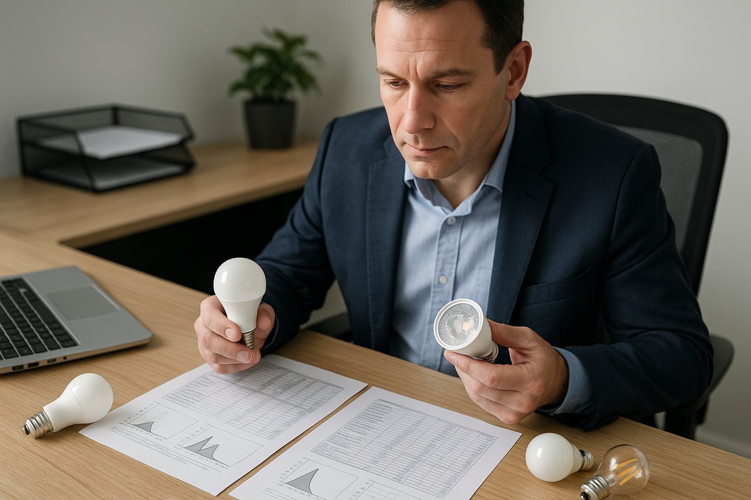 Lighting importer reviewing supplier product data sheets and LED lamp samples at an office desk