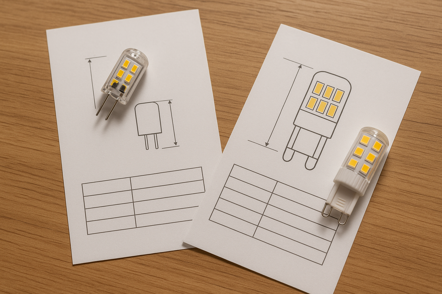 G4 and G9 LED lamps with specification papers showing sample evaluation process