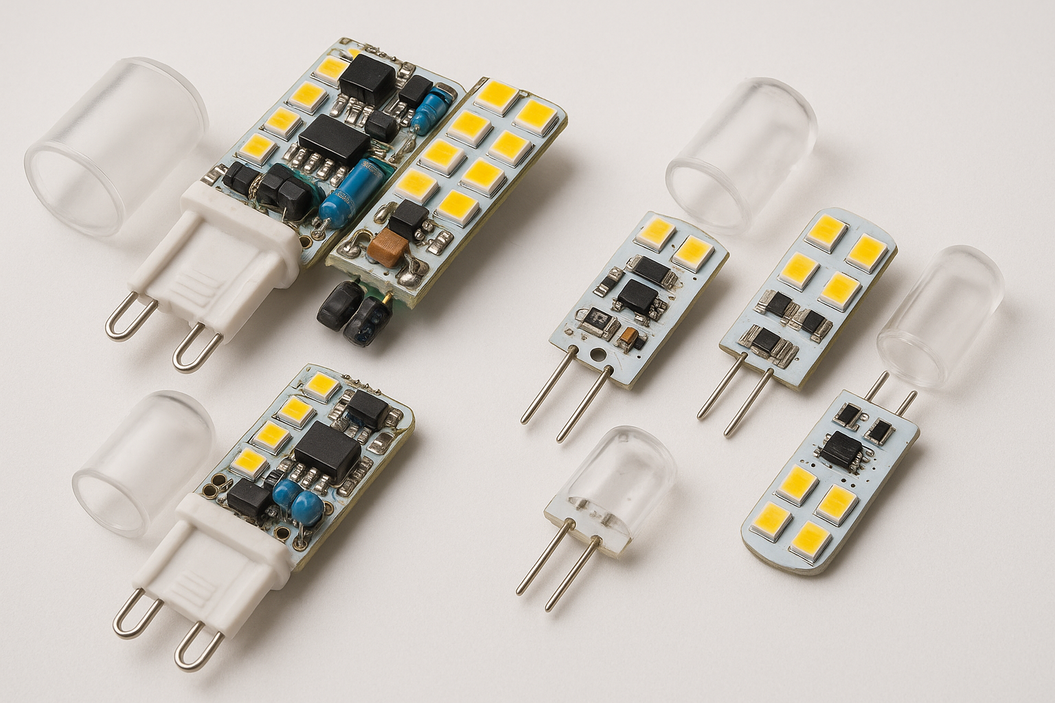 Disassembled G4 and G9 LED lamps showing compact internal components