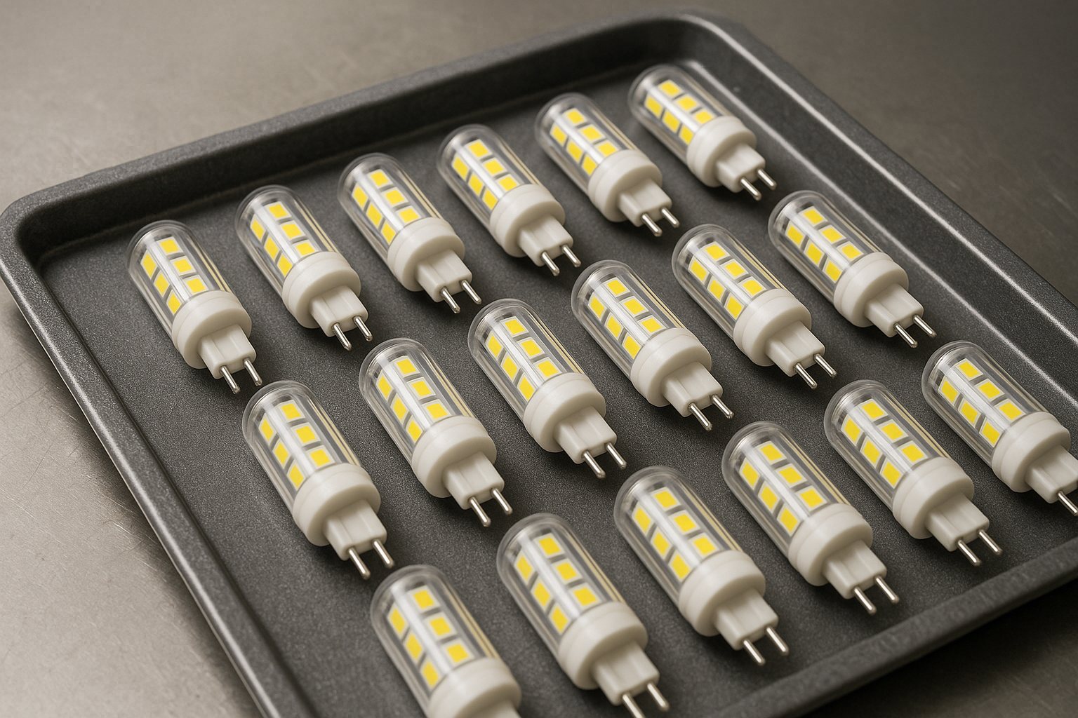 LED capsule lamps on factory inspection tray representing sample evaluation
