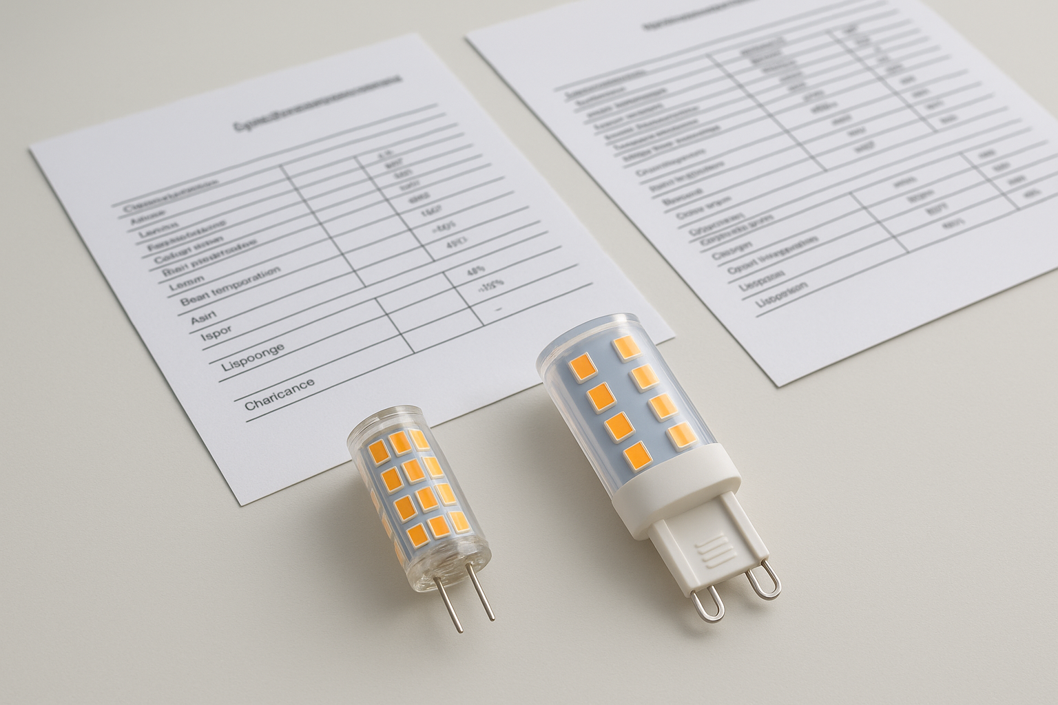 G4 and G9 LED lamps beside specification documents showing different product requirements