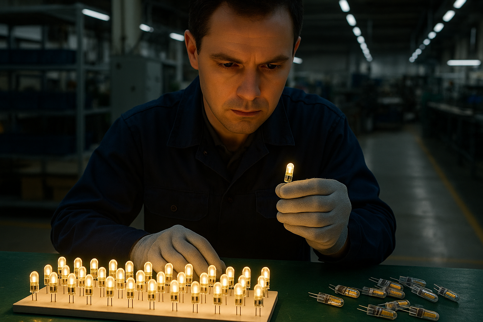 G4 LED lamp sample testing in a lighting factory quality control environment