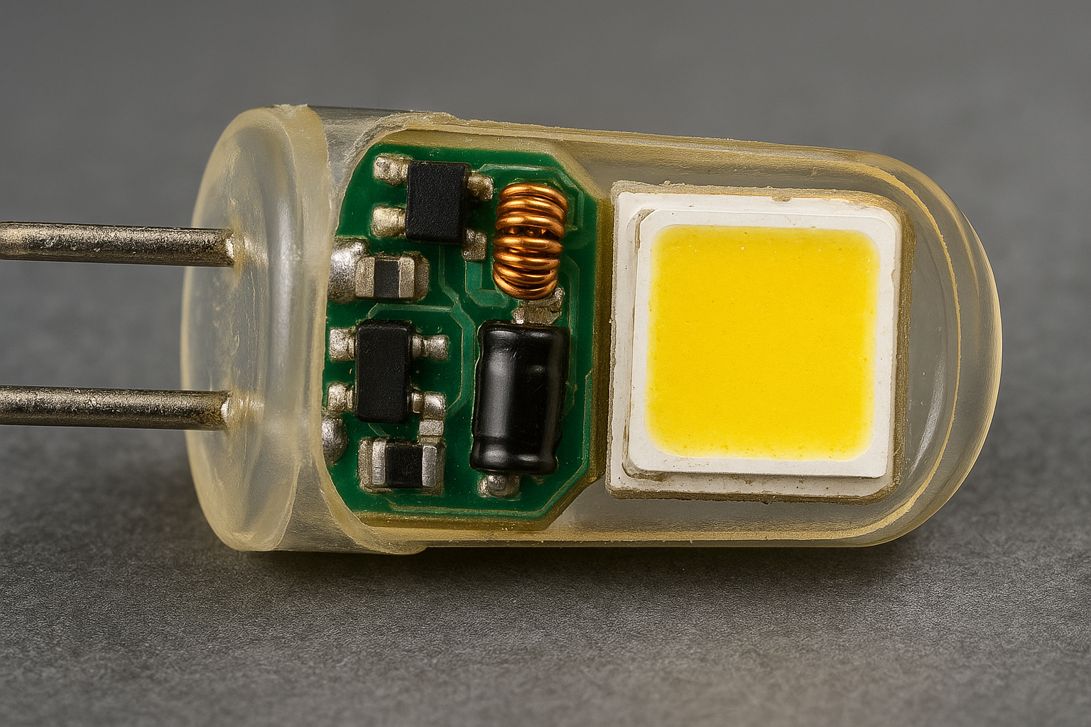 Close-up of a G4 LED lamp showing internal driver components and LED chip inside the compact capsule body