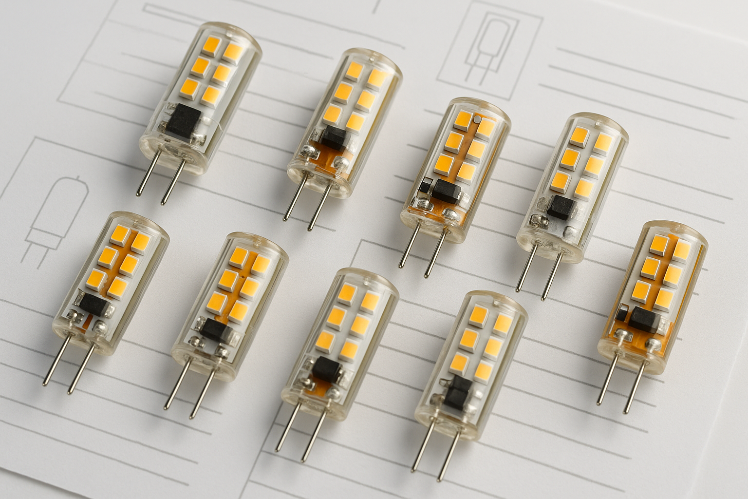 Multiple G4 LED capsule lamps arranged beside product specification documents