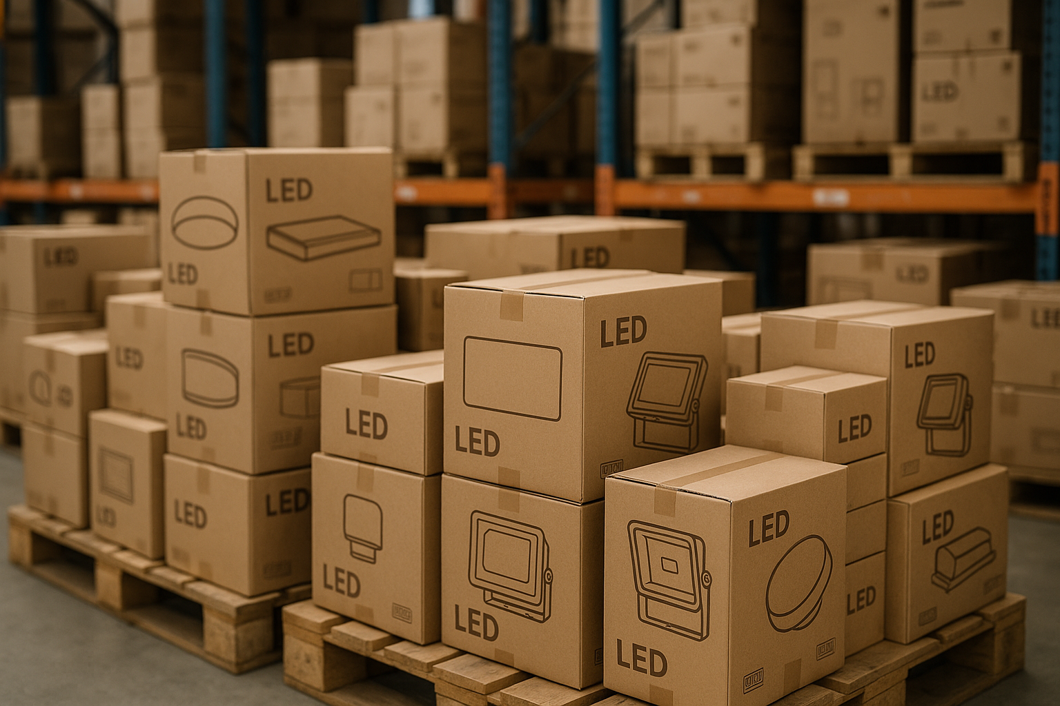 Boxes of LED lighting products in a B2B warehouse distribution environment
