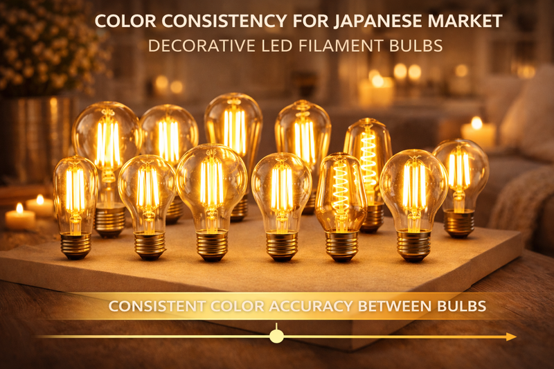 Decorative LED filament bulbs meeting Japanese consistency standards for color accuracy