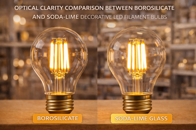 Optical clarity comparison between borosilicate and soda-lime decorative LED filament bulbs