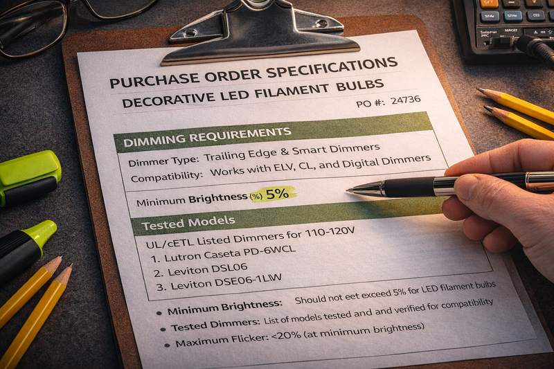 Purchase order specification for LED filament bulb dimming requirements