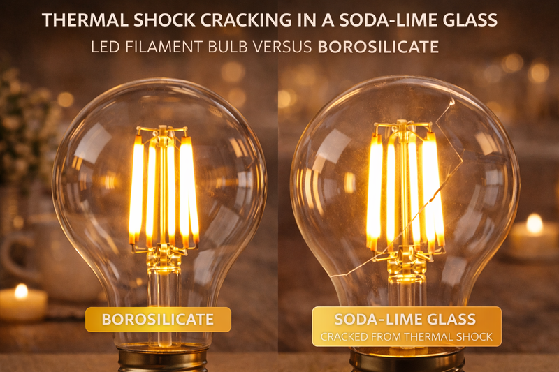 Thermal shock cracking in a soda-lime glass LED filament bulb versus borosilicate