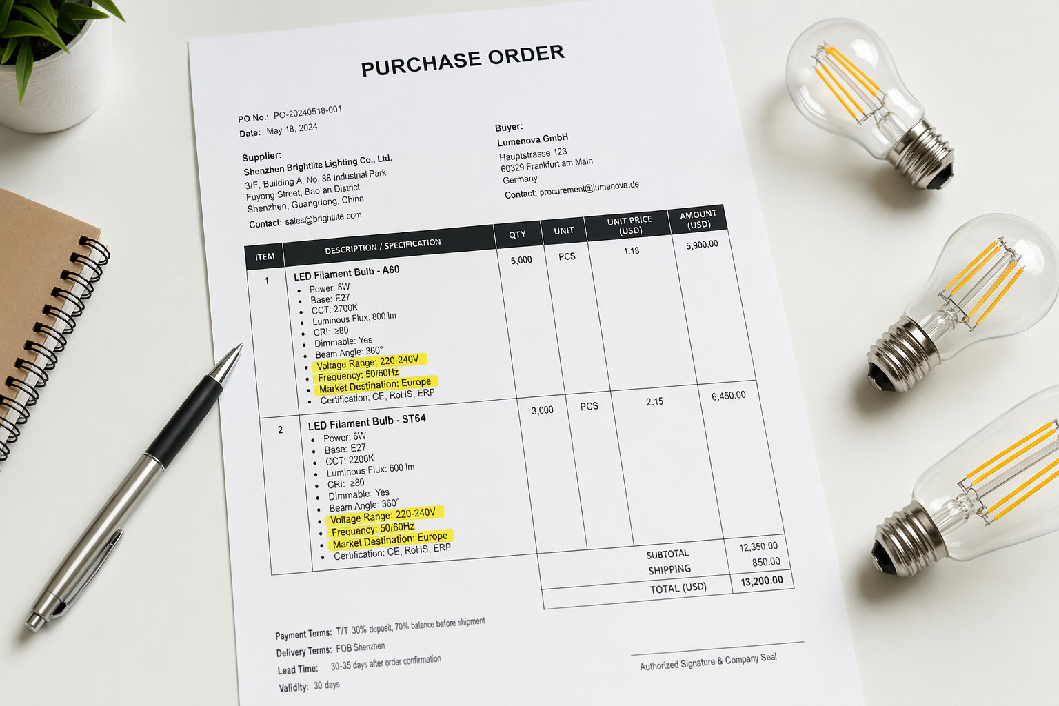 Purchase order specification sheet with voltage range field highlighted, LED filament bulb samples nearby