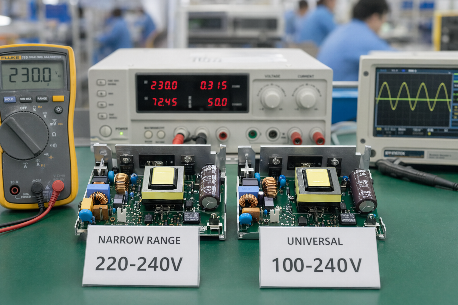 LED driver circuit boards side by side: narrow-range 220-240V vs universal 100-240V with test equipment