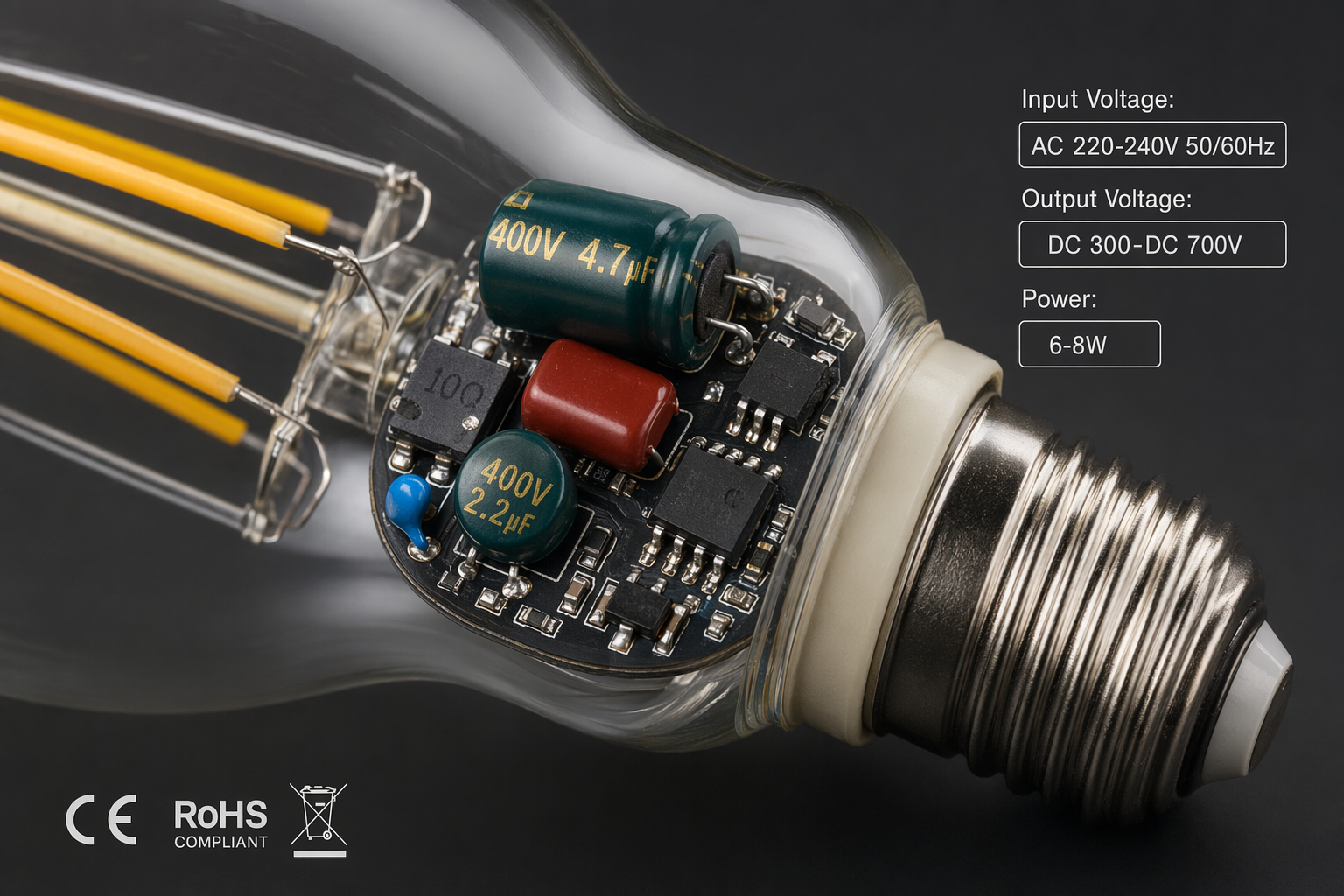 LED filament bulb driver circuit board showing voltage specification components