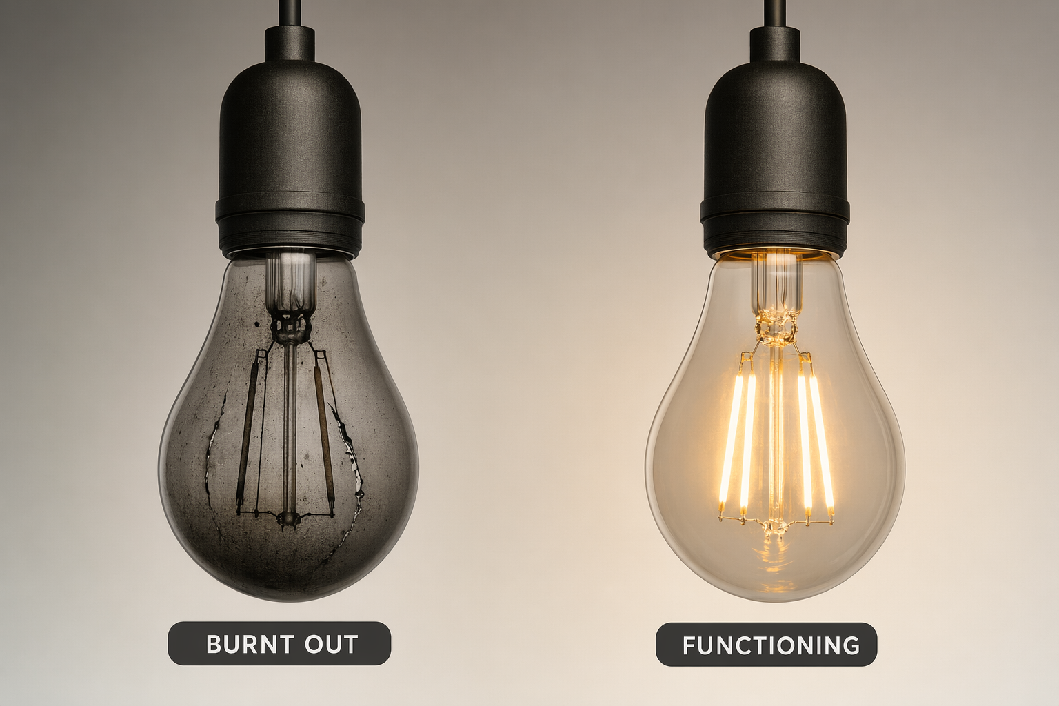 Comparison of burned-out LED filament bulb vs properly operating bulb in the same fixture type
