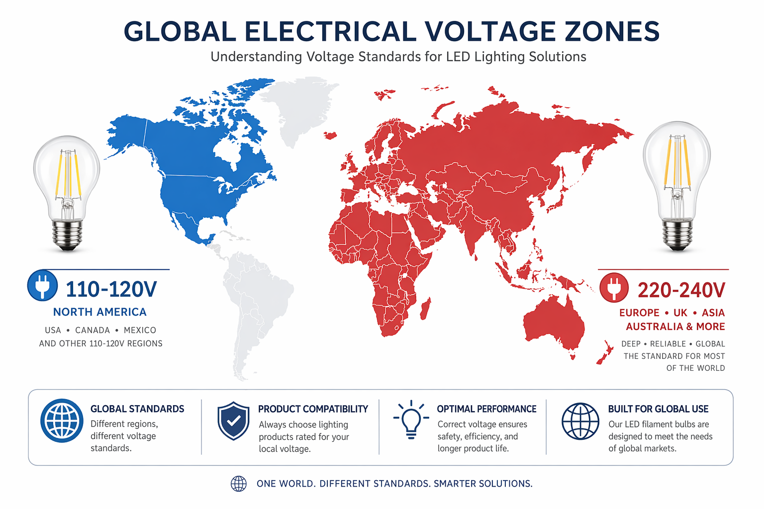 World map showing voltage zones: North America 110-120V, Europe/Australia/UK 220-240V