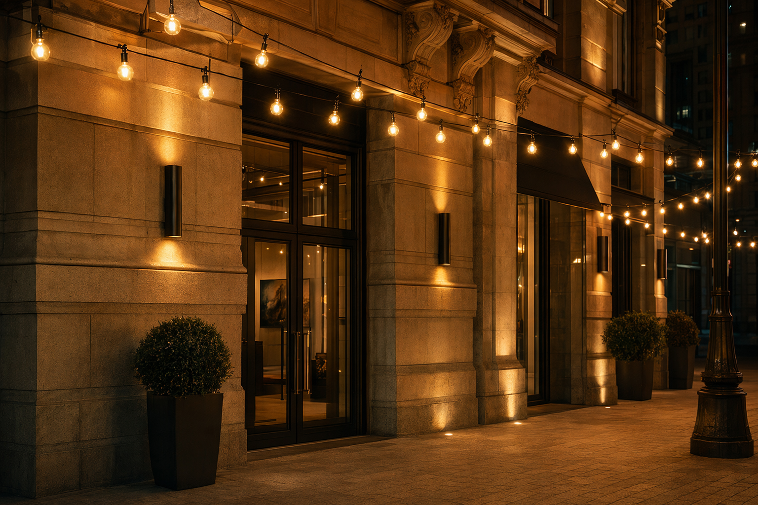 European commercial building exterior at night with warm amber LED filament globe bulbs, energy-efficient architectural decorative lighting