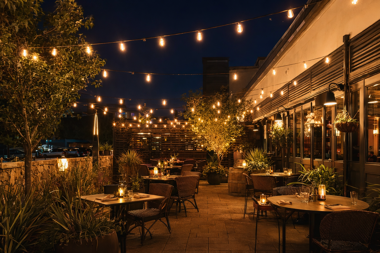 Warm amber 2700K LED Edison filament string lights on a commercial restaurant patio at dusk with dark sky overhead