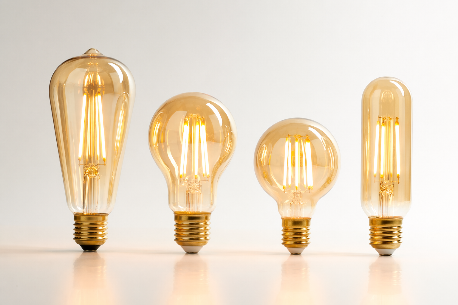 Collection of warm amber LED filament bulbs — Edison ST64, A60, G40 globe, T45 tubular — glowing with 2200K-2700K warm light on clean white background