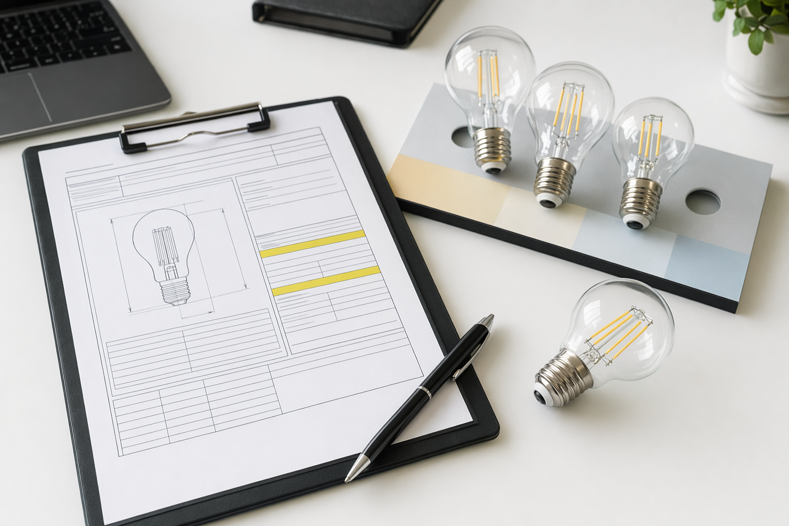 Purchase order specification document with CCT color temperature fields highlighted, alongside LED filament bulb samples on a professional desk