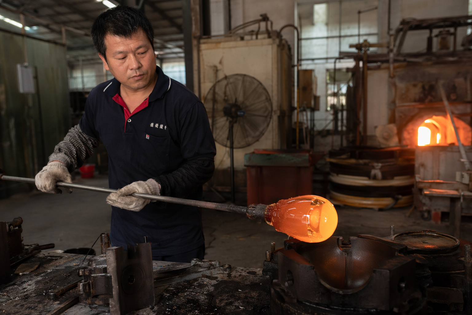 Chinese factory worker forming bulb glass near mold