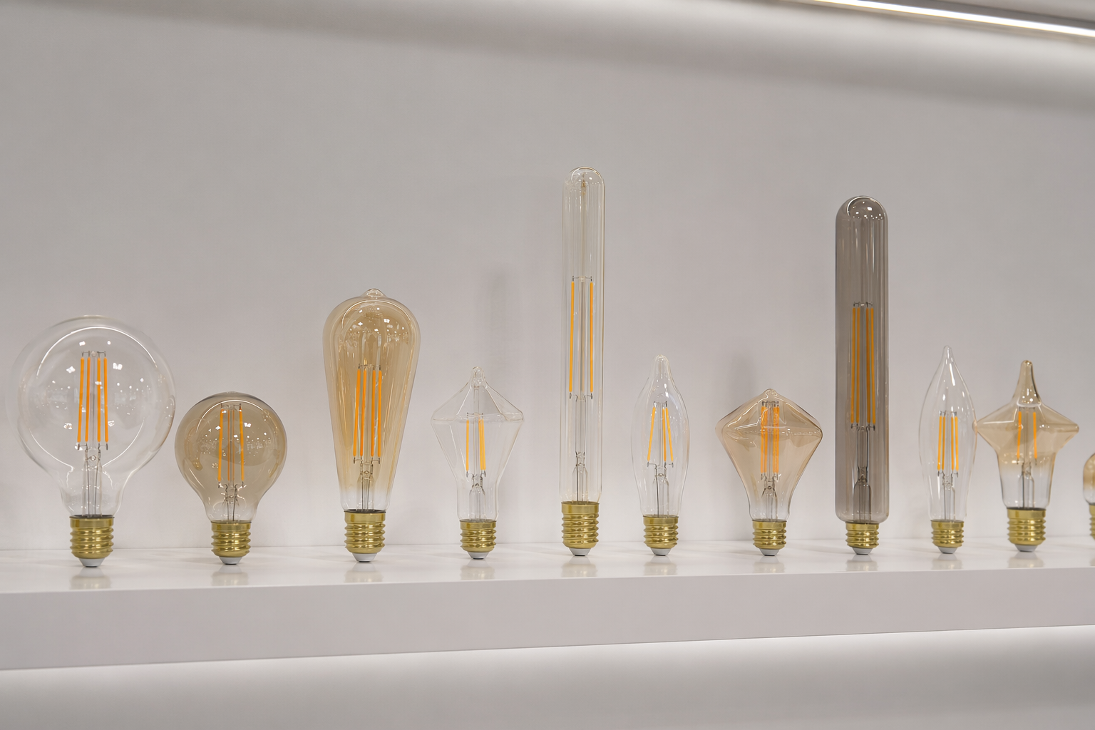 custom LED filament bulb shape lineup in factory showroom