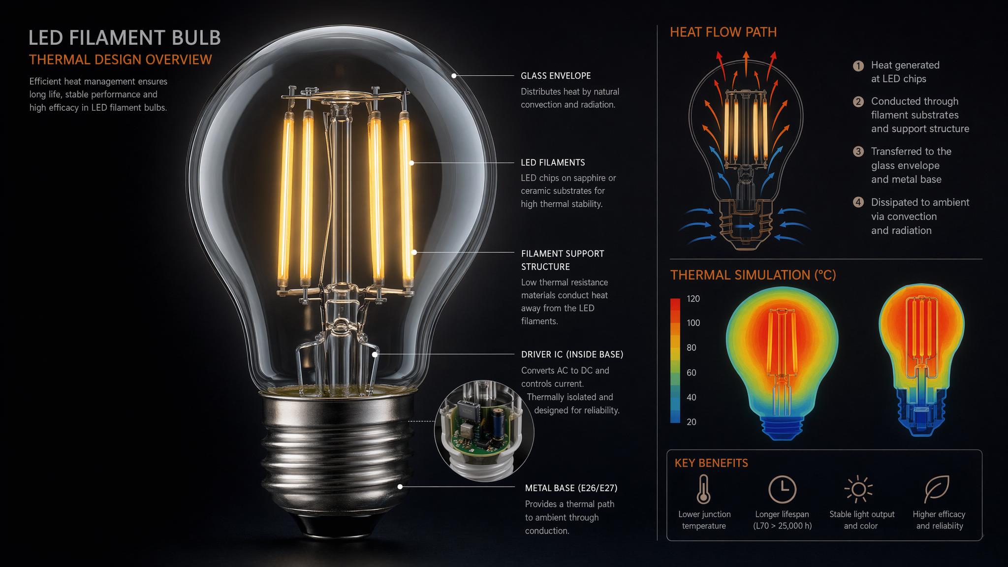 Thermal management inside oversized PS LED filament bulb glass envelope