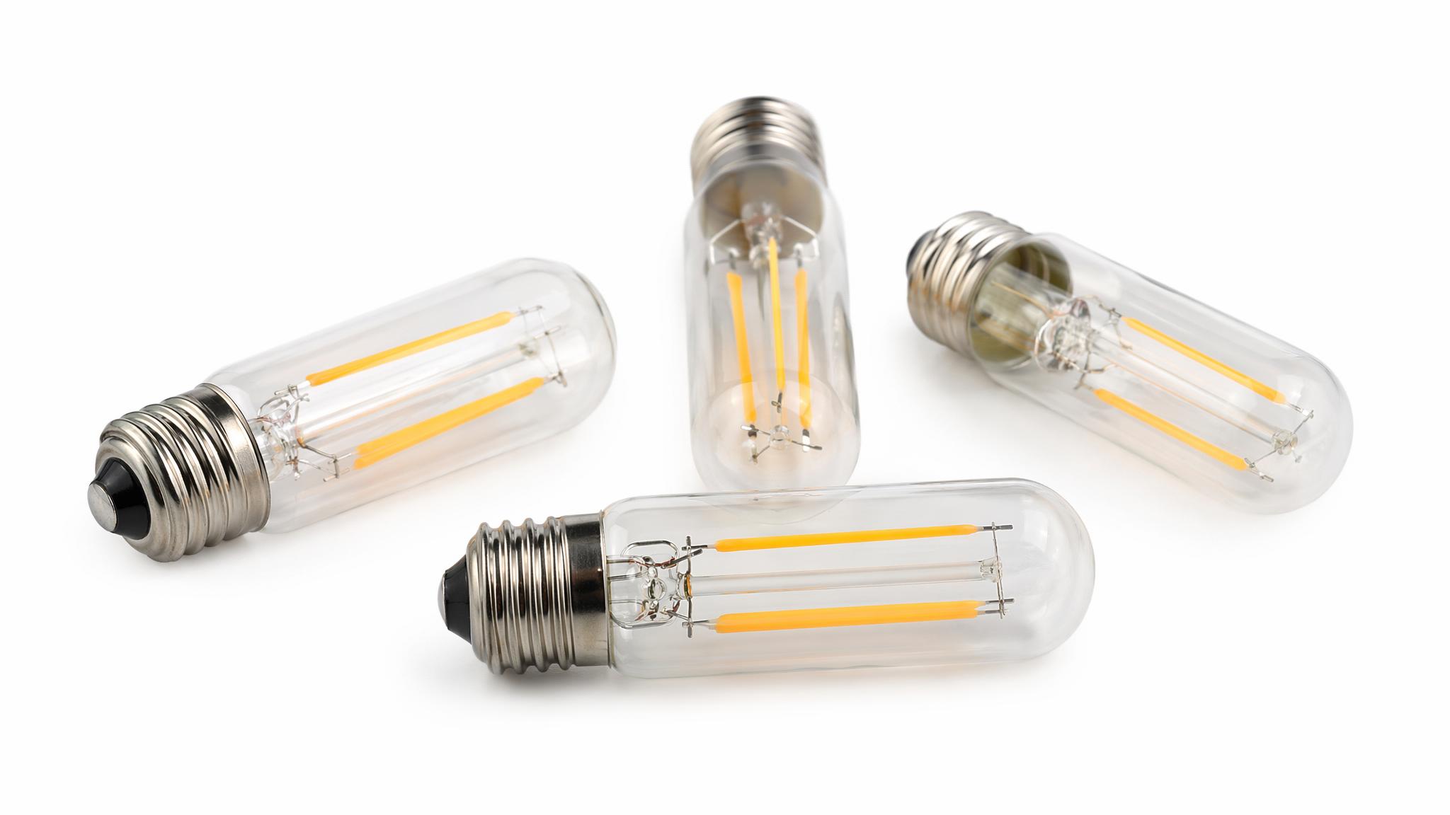 T45 tubular LED filament bulbs lined up for commercial fixture sourcing