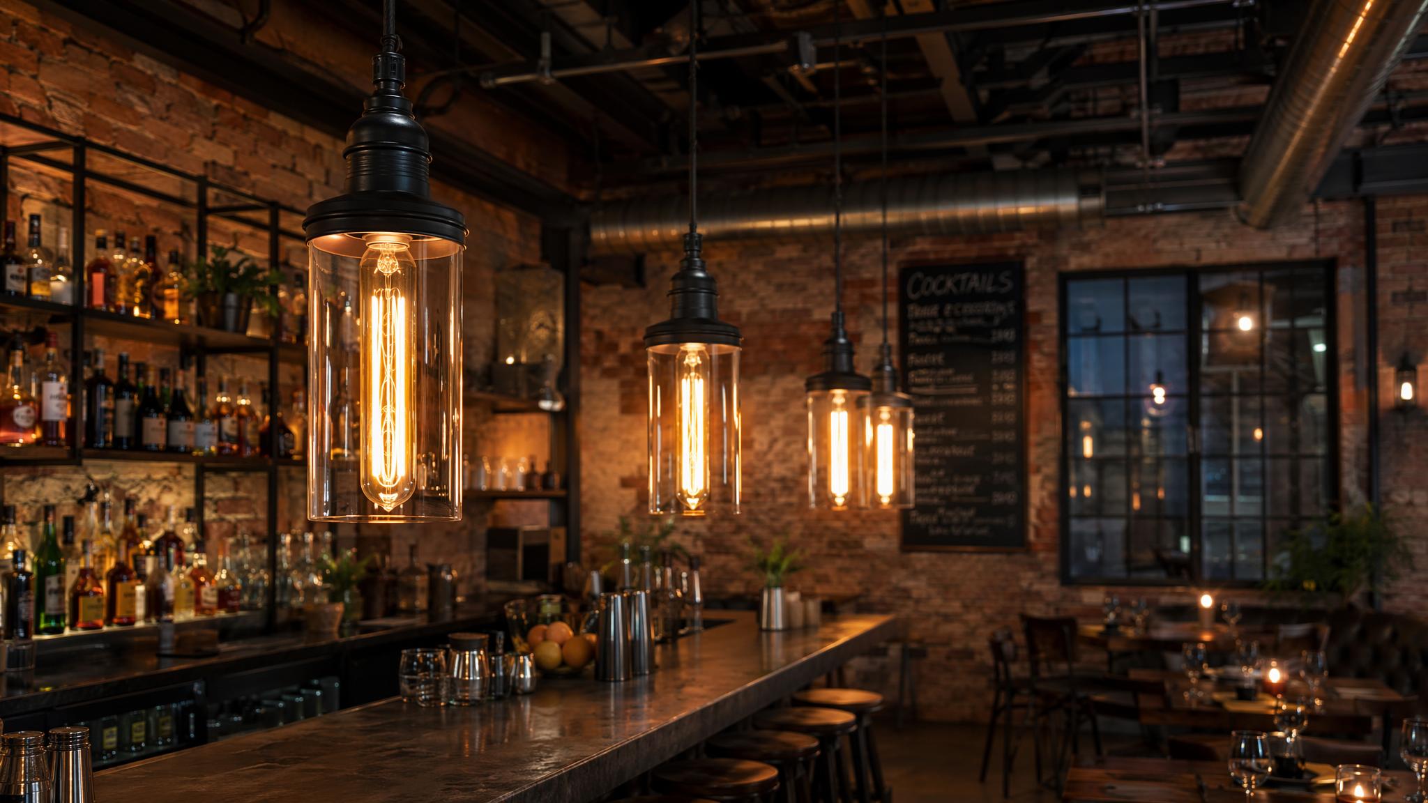 Tubular filament bulbs used in exposed pendant and wall sconce fixtures