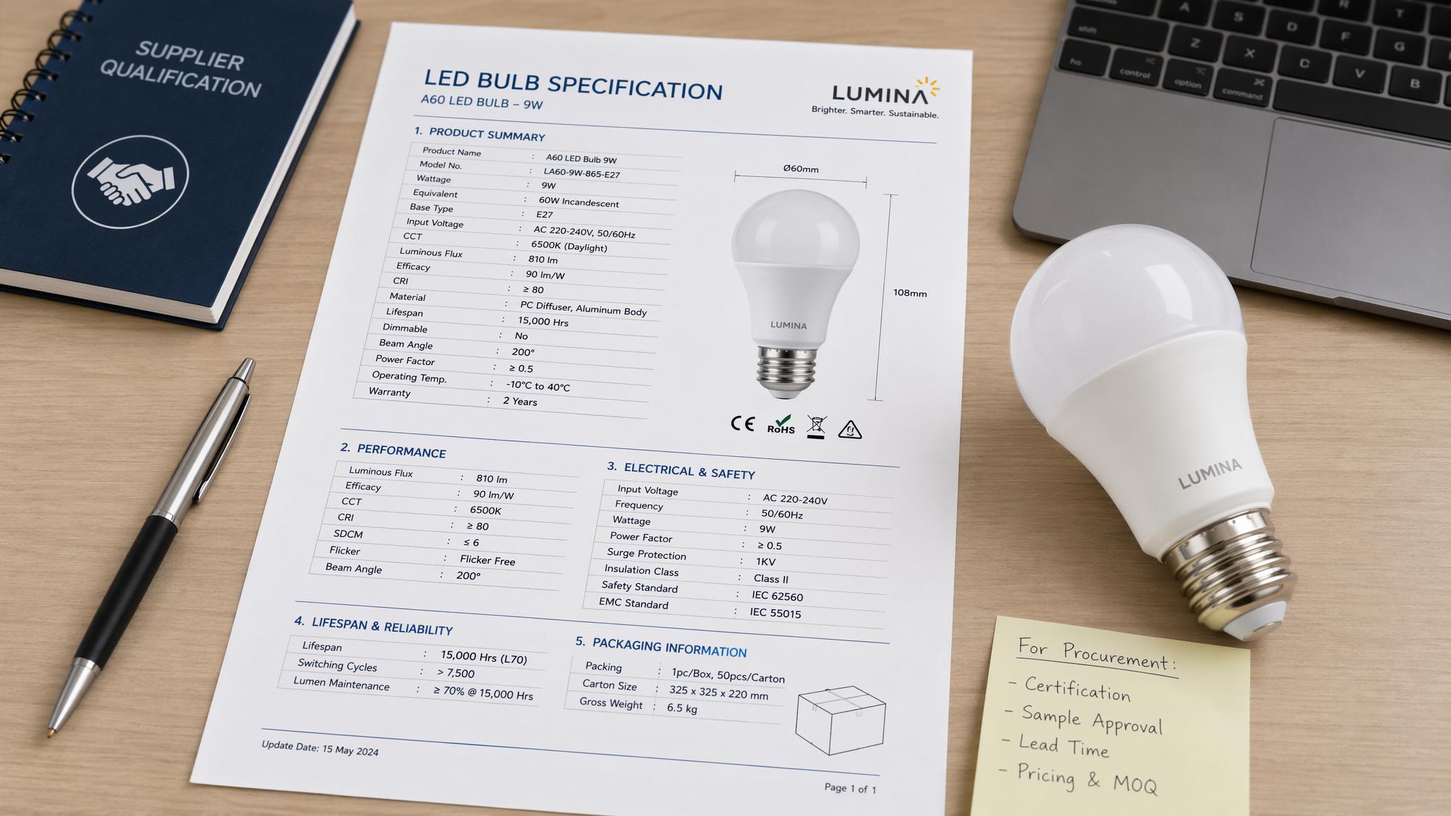 Specification checklist for T45 tubular LED filament bulb bulk orders
