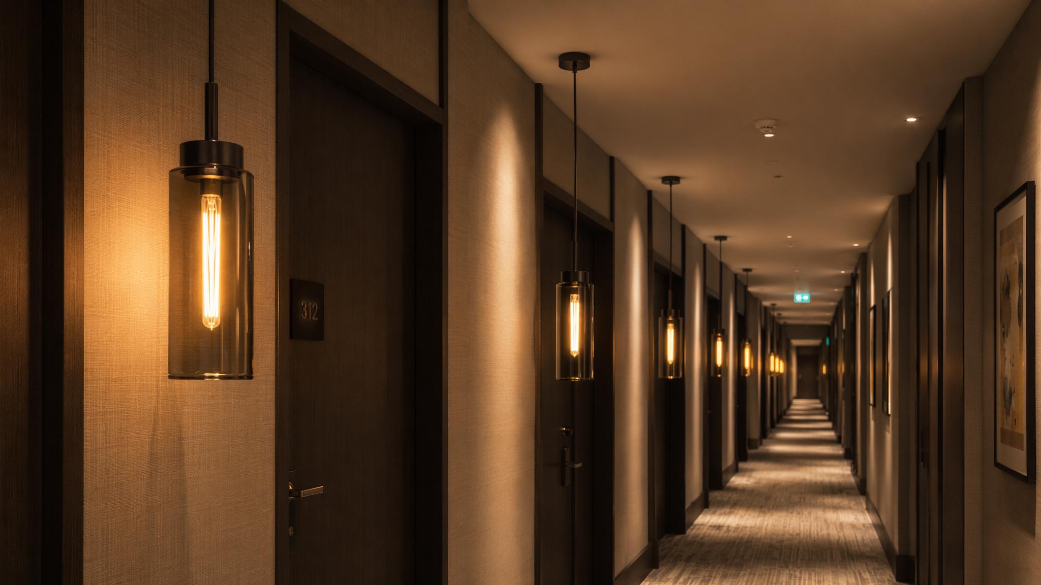 Dimmable T45 tubular LED filament bulbs installed in hospitality pendant lighting
