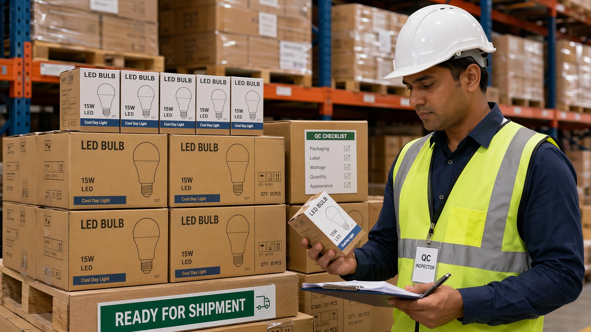 Bulk cartons of T45 tubular LED filament bulbs prepared for B2B shipment inspection