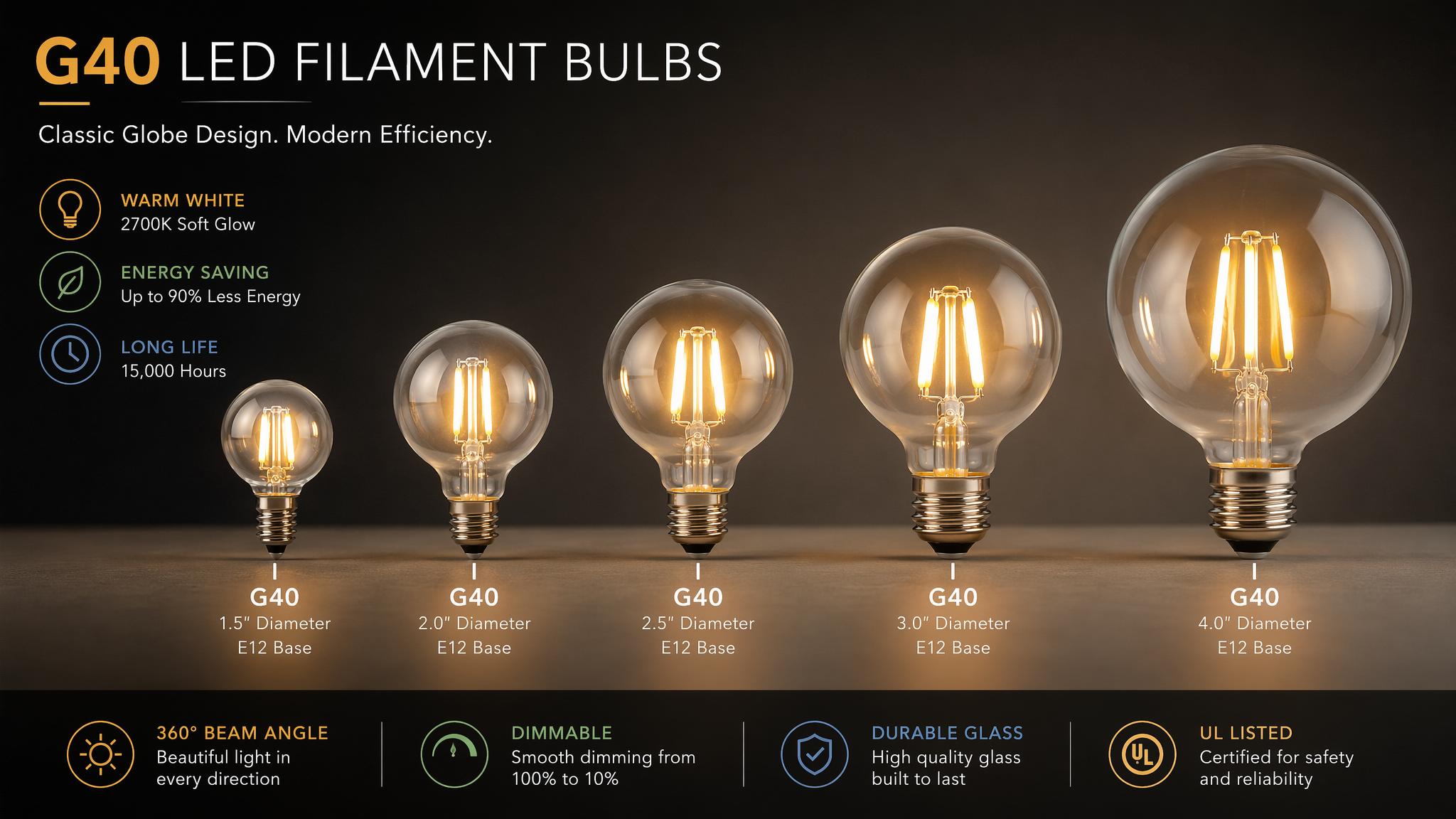 G40 globe LED filament bulbs in multiple sizes for outdoor sourcing