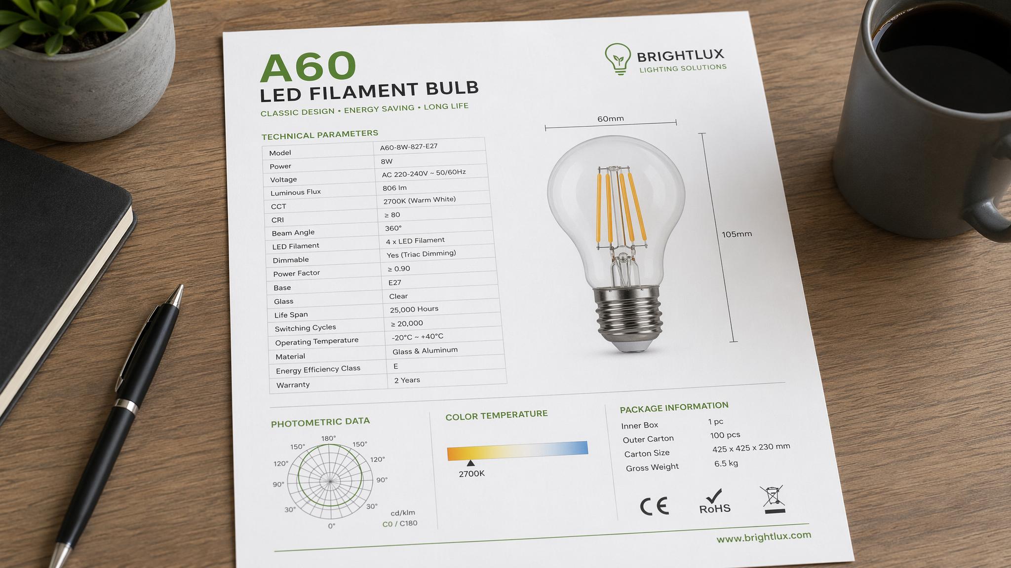 Technical drawing and specification sheet for A60 LED filament bulb sourcing